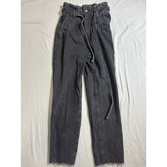 Abercrombie & Fitch Black Distressed Hem Belted Mom Jeans Size 25/0 24x25 - Picture 1 of 6